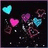 Pixelated static image with multiple heart shapes in cyan, pink, and purple hues against a dark background.