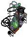 Animated green glass flask with black tubing and metallic components on a gray background, showing changes
