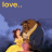 Animated icon shows Belle in yellow gown and Beast in dark blue suit dancing against purple background with 'love.. its unexpected' text.