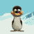 Pixelated penguin with orange cheeks stands on snow, shifting from front-facing to side views against a blue sky background.