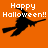Pixelated orange background with black witch silhouette flying on broomstick and white 'Happy Halloween!!' text.