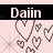 A 48x48 pixel animated buddy icon featuring the text "Daiin" on a black banner above pink background with gray heart outlines and starburst patterns, displayed as two sequential frames in a contact sheet.