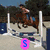 A horse and rider jump over a white fence obstacle in a sandy arena with trees in the background, with a pink text overlay changing from 'S' to 'St' to 'Sta'.