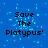 Blue background with cyan pixelated dots and black text reading 'Save The Platyplus' in a