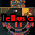 Pixelated character with red and blue accents, yellow and brown background, red text overlays reading "Tell us a Story" and "I know you're not boring".