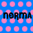 Blue background with pink polka dots and repeated black text 'nørmA' in pixelated font, partially obscured by a gray rectangle.
