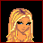 Pixel art of a blonde woman with blue eyes in multiple poses and text fragments on black background.