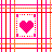 A static contact sheet of a pixel art buddy icon featuring three identical frames with pink hearts inside dotted borders on a plaid background.