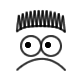 Black-and-white cartoon face with three circular eyes, arched eyebrows, and a wide toothy grin; hair is striped and curved.
