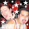 nine identical showing two people in wrestling singlets against a red and black starry background with 'weird is us' text