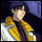 Pixelated anime character with dark hair and yellow jacket against dark background, next to stylized text on black background.