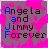 identical pixelated icons with pink and gray backgrounds displaying "Angela and Jimmy Forever" text, where the word "and" cycles through blue shades