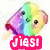 Rainbow-colored popsicle icon with smiling face, black eyes, and pink text 'Jiasi' on red background.