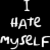 Animated text sequence displays 'I HATE MYSELF' in white pixelated font against black background, with rainbow-colored letterforms appearing sequentially on the right.