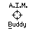 Pixelated black-and-white graphic with 'A.I.M.' text at top, diamond-shaped crosshair symbol in center, and 'Buddy' text below on gray background.