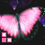 Animated pink butterfly with translucent wings flutters against dark background, displaying four white and pink squares in bottom corners.