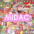 Pixelated collage of colorful abstract shapes with pink text overlays reading "MIDAC" and "IS" on top, "AWESOME" at bottom.
