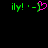 Green text 'ily! : -' appears on black background with a pink heart symbol replacing the right parenthesis in one frame.