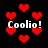 Red pixelated hearts float against a black background with repeated white text reading "Coolio!" in four locations.