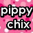 Pink polka-dot background with multiple text labels in bold black-outlined white font, including 'pippy chix', 'kylie aubrey', 'haley', and 'i am pippy'.
