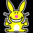 Static pixel art icon of a yellow cartoon bunny with large ears, pink nose, and wide grin against black background.