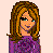Pixel art of a female character with brown hair and purple top, showing body parts and text elements on light backgrounds.