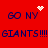 Red background with blue text reading "GO NY" and "GIANTS!!!" in pixelated font, featuring animated white heart and starburst effects.
