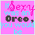 Pixelated animation on pink background with text and Oreo-themed imagery, showing sequential changes in text and a rotating cookie icon.