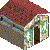 Pixelated image of a house with red roof, brown walls, and green surroundings under white sky.