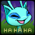 A light blue cartoon creature with pointed ears and closed eyes smiles with a pink tongue visible, set against a purple and green background with repeated text.