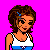 Pixelated cartoon character with brown curly hair and blue hair clip, wearing white tank top and blue shorts, standing against bright pink background with purple text.