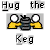 Pixelated image with text 'Hug the Keg' surrounding a central icon of two yellow figures holding a dark keg.
