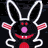 Animated pixel art of a black bunny with glowing white ears, pink nose, and red mouth against a black background. Red text 'EVIL' appears in dripping font while 'Cute but' text changes to 'kinda' or 'rads'.
