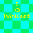 Pixelated icon with green and cyan checkered background displaying yellow text "I <3 Twinkies!!!" in two distinct layouts.