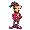 Pixelated elf character in pink tunic and green-striped leggings, wearing purple pointed shoes with curled toes, holding a blue gift box with holly.