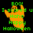 Pixelated orange and brown ghost figures with green text reading BOO! I scored u Haha Happy Halloween on black background.