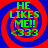 Four identical display green text on a red and blue spiral background with a small green symbol below the text