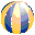 Two circular pixelated images side-by-side showing a spherical object with yellow, blue, purple, and white sections against a gray background.