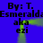 Blue background with repeated black text 'By: T. Esmeralda' and green pixelated shapes forming a frame around the text.