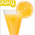 Animated orange juice glass with orange slice garnish, text labels changing from 'Juicy' to 'Goodness' across frames.