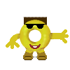 Yellow donut-shaped character with brown boots, sunglasses, and a brown flat-topped hat stands against gray background.