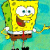Pixelated cartoon character with yellow sponge texture, brown shorts, white shirt, red tie, and black shoes standing against blue background next to green text reading "Original Icons .com" on dark green background.