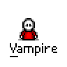 Pixel art vampire icon with red shirt, white skull face, and black hair, showing multiple animation states including bat wings, smoke, and blood effects.