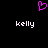 A static pixel art image with a pink heart symbol above two instances of the text 'kelly' in white pixelated font on a black background.