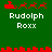 Green background with red pixelated reindeer and sleigh icons above white text reading "Rudolph Roxx" in two , arranged in a pattern
