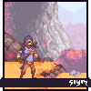 Pixel art character in purple hooded outfit stands on orange ground with rocky terrain and pink foliage background, text 'Slym' at bottom right.