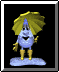 Pixelated cartoon character with blue body, yellow boots, and large yellow hair stands on light blue cloud against black background, changing hand positions across frames.