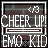 Pixelated graphic with 'CHEER UP!' and 'EMO KID' text, heart symbol, and border elements in white on dark background.