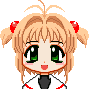 Pixel art character with blonde pigtails and red hair accessories in three expressions: wide green eyes, closed black eyes, and crying with blue tears.