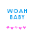 Blue pixelated text "WOAH BABY" above pink heart symbols on white background, with animation showing heart symbol count change.